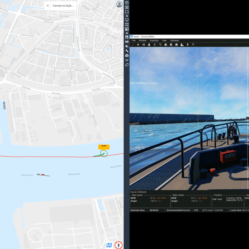 Autonomous vessel simulation: traffic overview next to the simulated view from the vessel