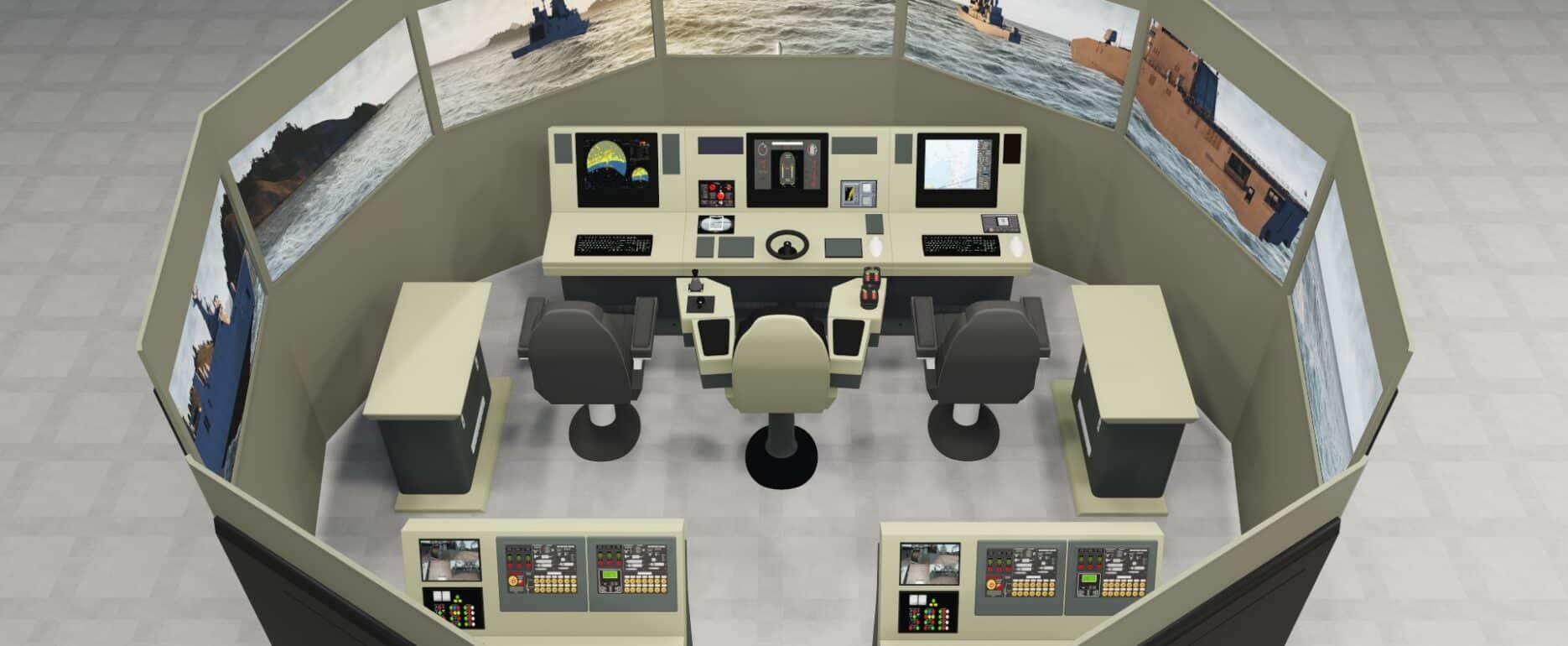 Rendering of a NAUTIS full mission bridge simulator with patrol vessels in the visual system