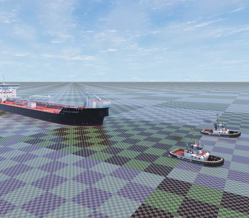 NAUTIS tug simulator visual of a tug assist procedure