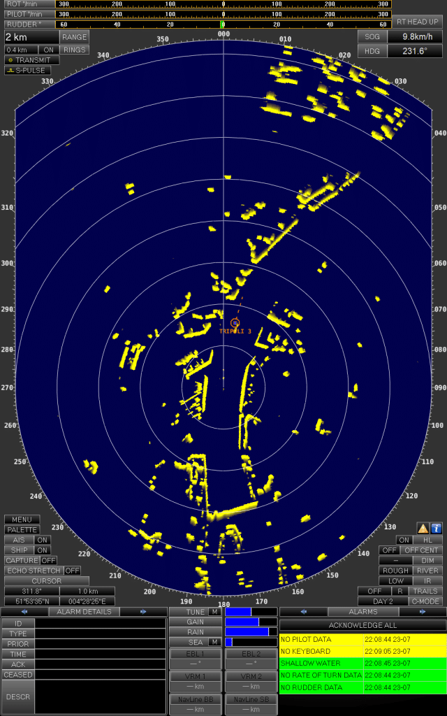 NAUTIS radar display with range rings, EBL/VRM controls and an alarm panel showing active equipment alarms