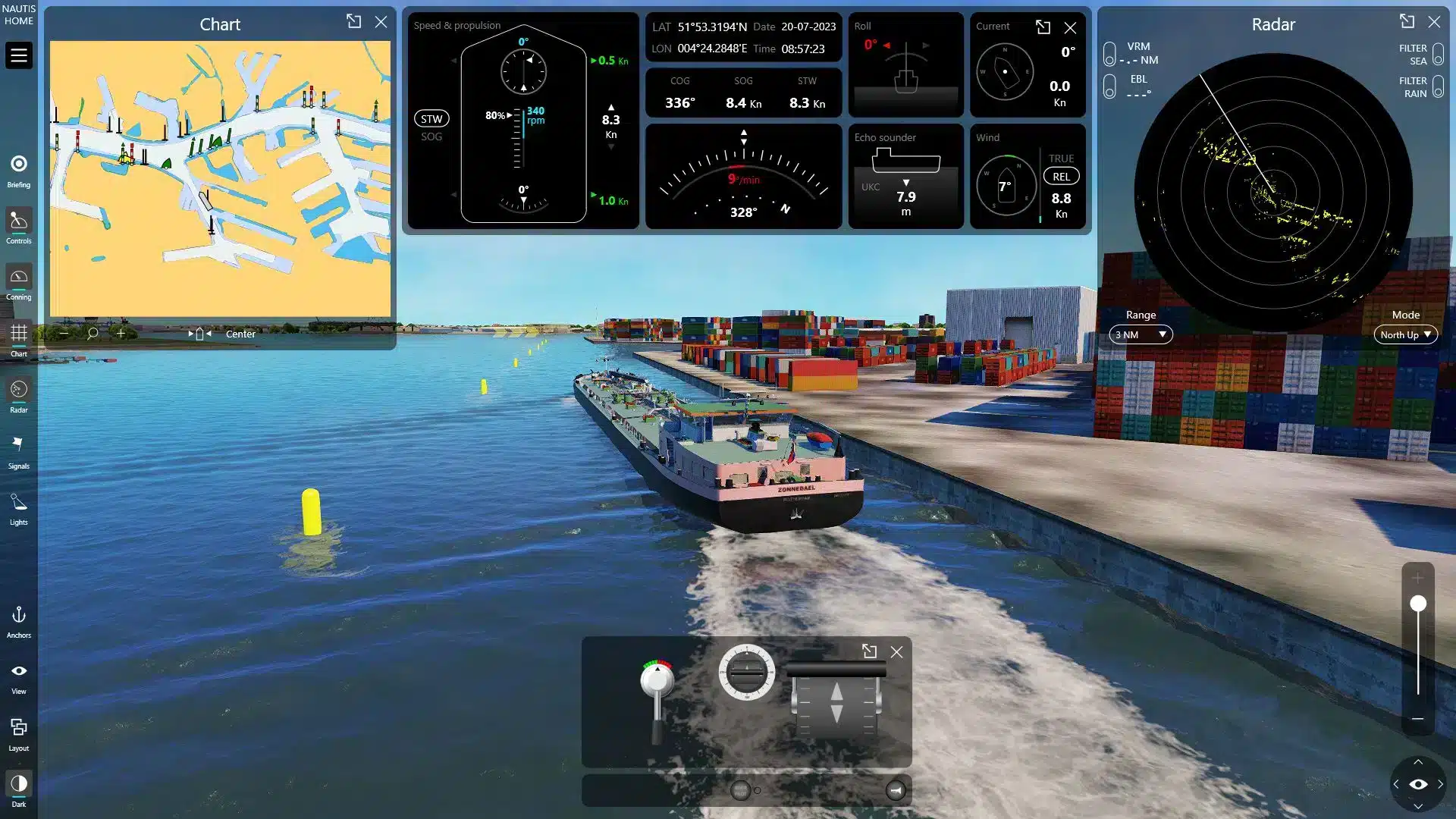 Ship-simulator-for-PC-showing-realistic-inland-vessel-navigation-with-radar-and-chart-interface-in-NAUTIS-Home-VSTEP