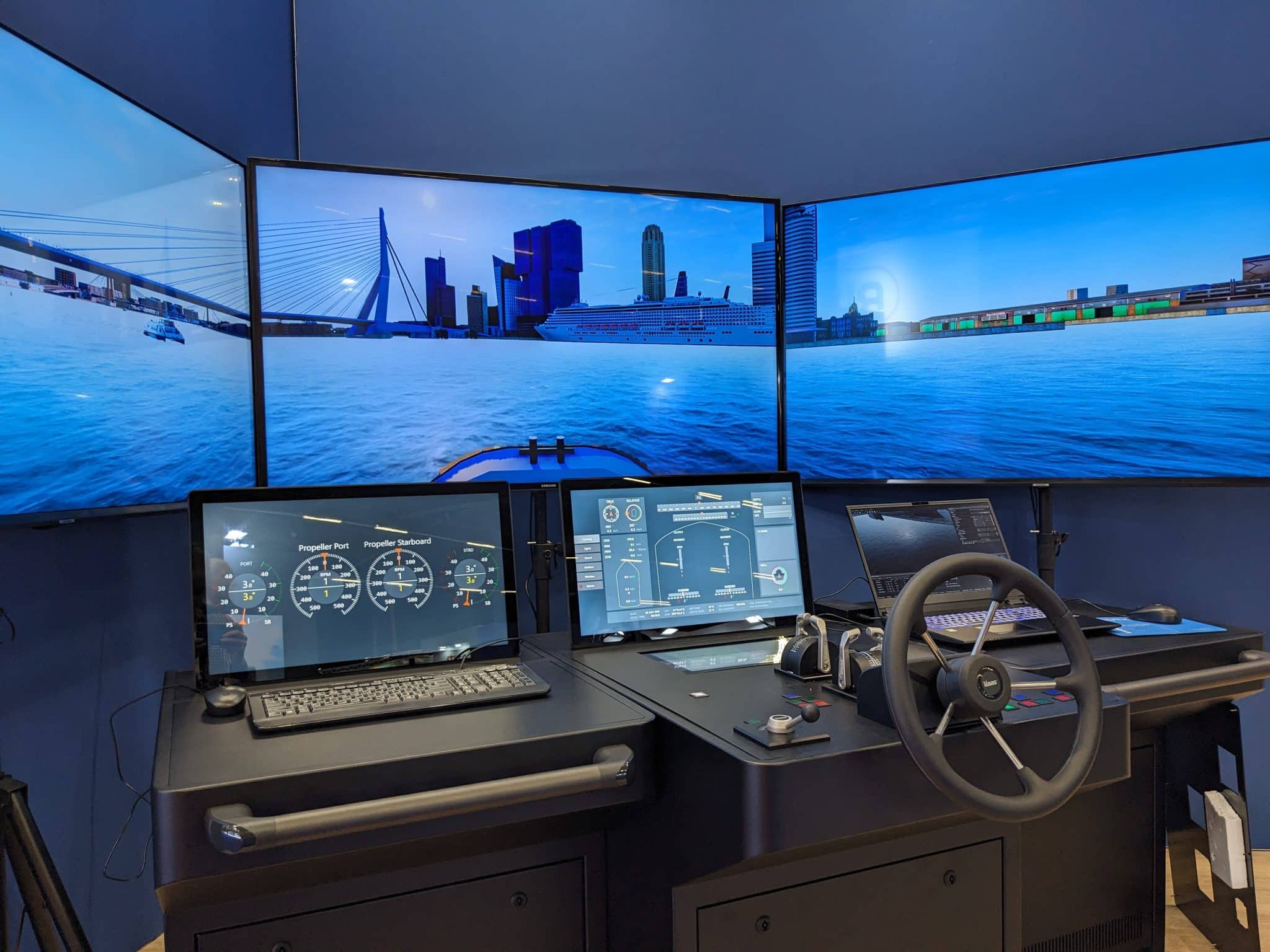 Ship simulator bridge with Rotterdam port visuals, propeller displays and helm